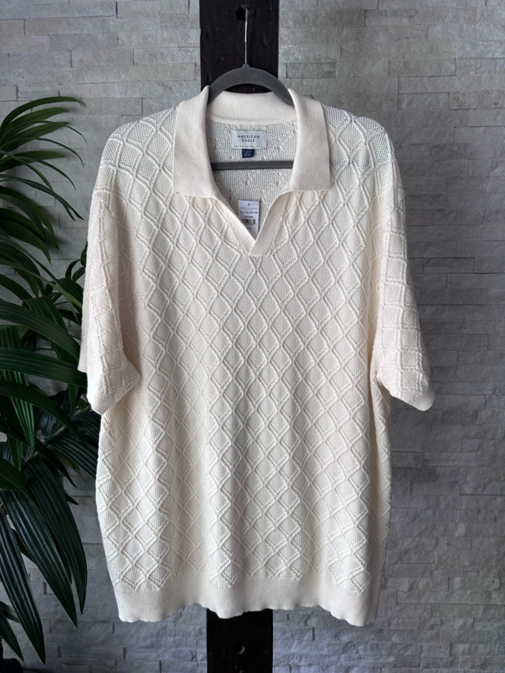 American Eagle Outfitters Cream Textured Johnny Collar Polo Shirt Size XL New